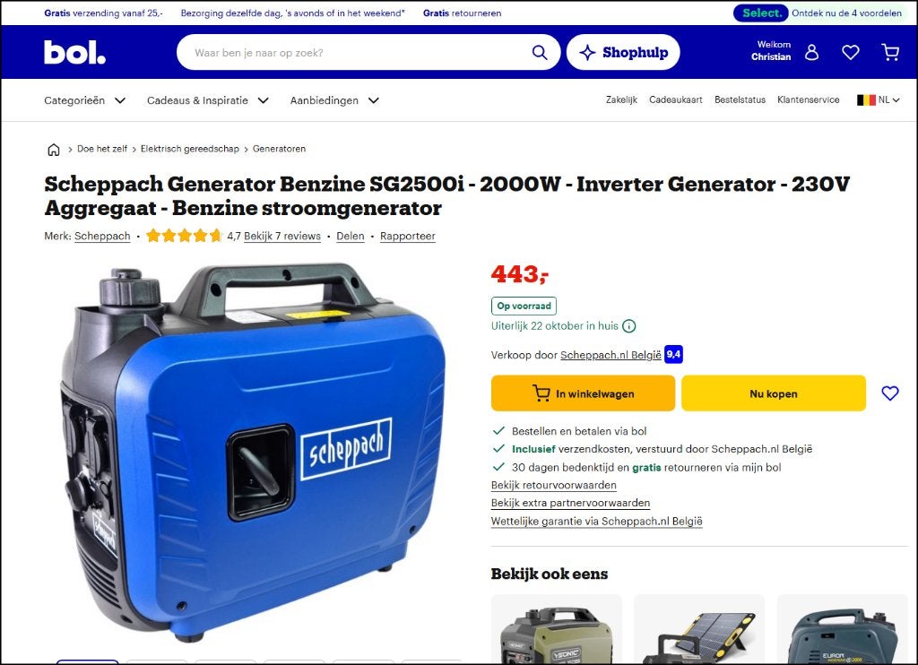 Generator Benzine SG2500i - 2000W (Inverter), Ophalen, Benzine, Nieuw, Geluidgedempt
