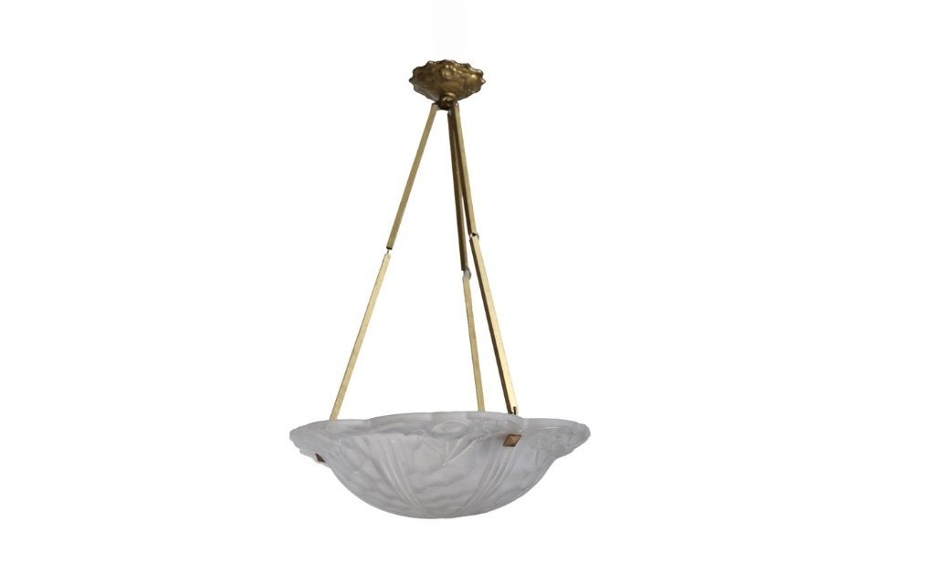 Art deco hanglamp Degué, geperst glas, messing, jaren 20–30, Antiek en Kunst, Ophalen