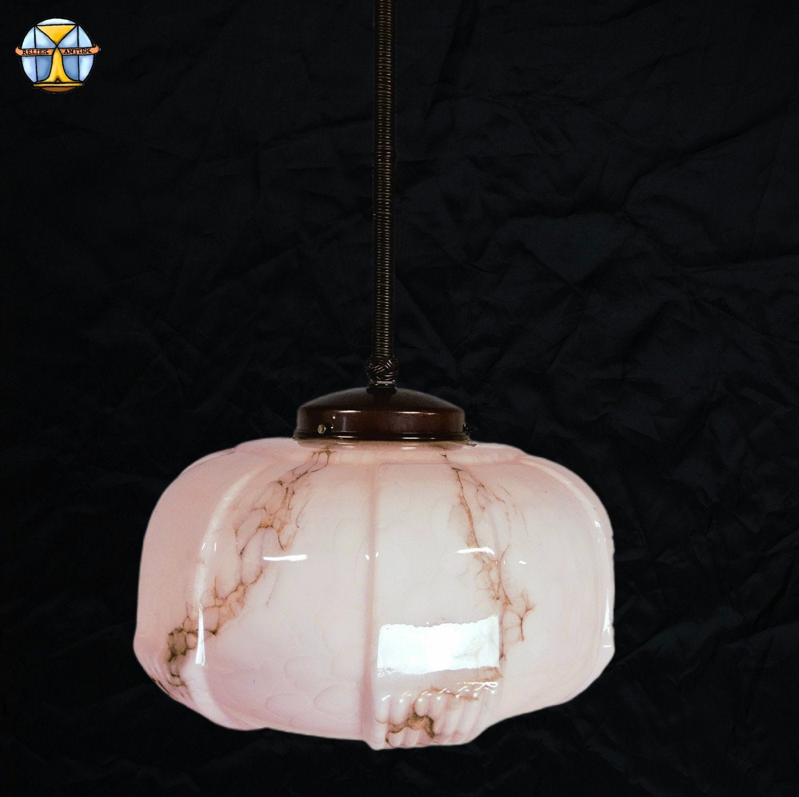 Lampe suspendue Art Déco antique avec verre marbré rose clai, Enlèvement ou Envoi, Art deco / antiek / vintage, Comme neuf, Verre