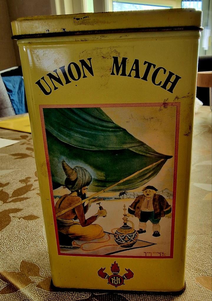 Oude blikken doos union match, Ophalen, Gebruikt