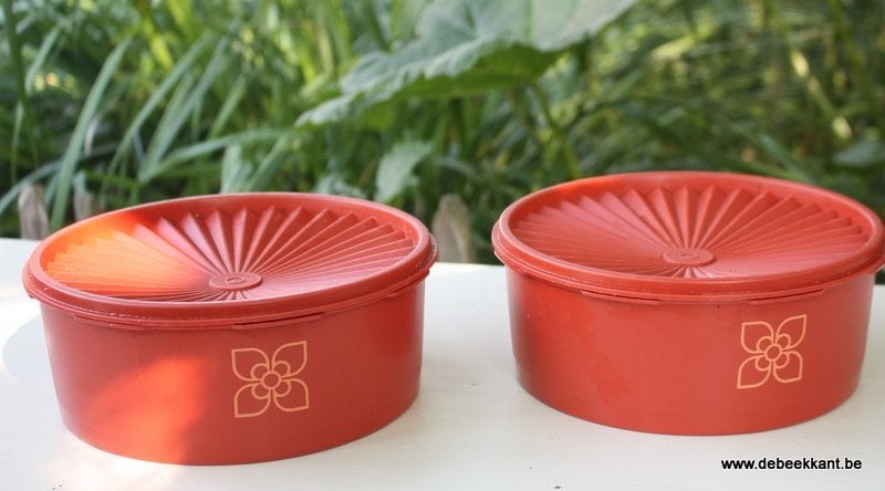 Retro vintage oude koekjestrommel Tupperware donkeroranje, Ophalen of Verzenden