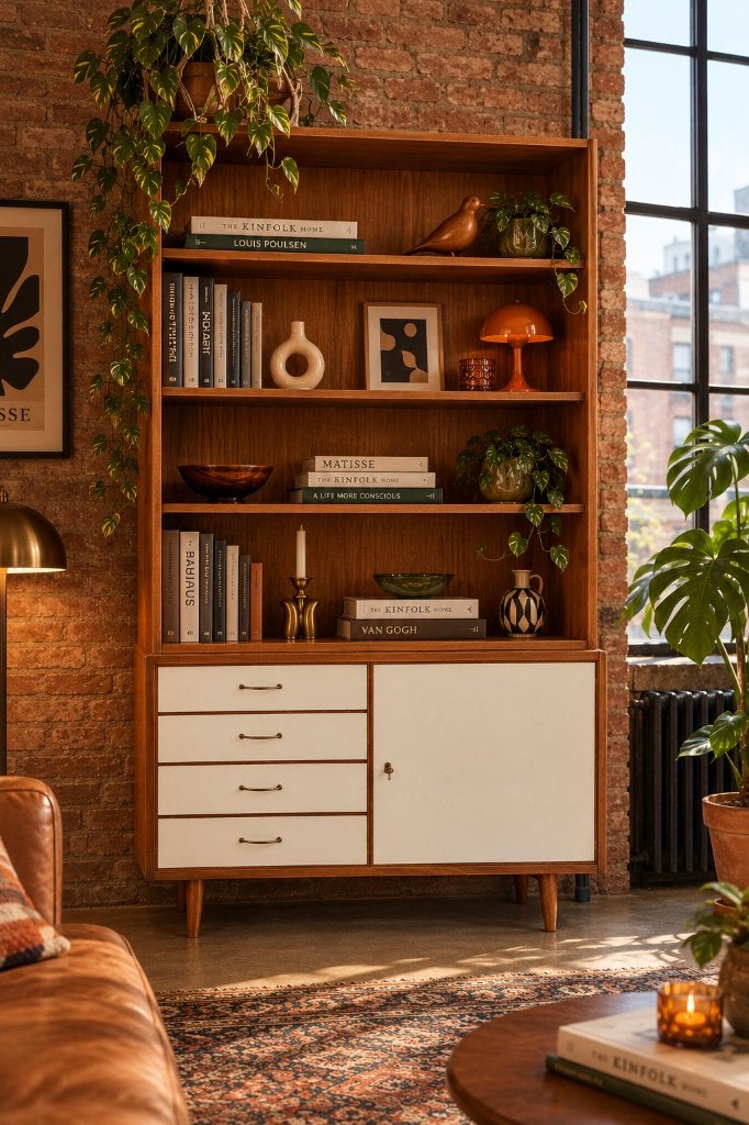 Vintage mid-century boekenkast,wandkast,high board, Gebruikt, Met lade(s), Ophalen of Verzenden, Minder dan 150 cm