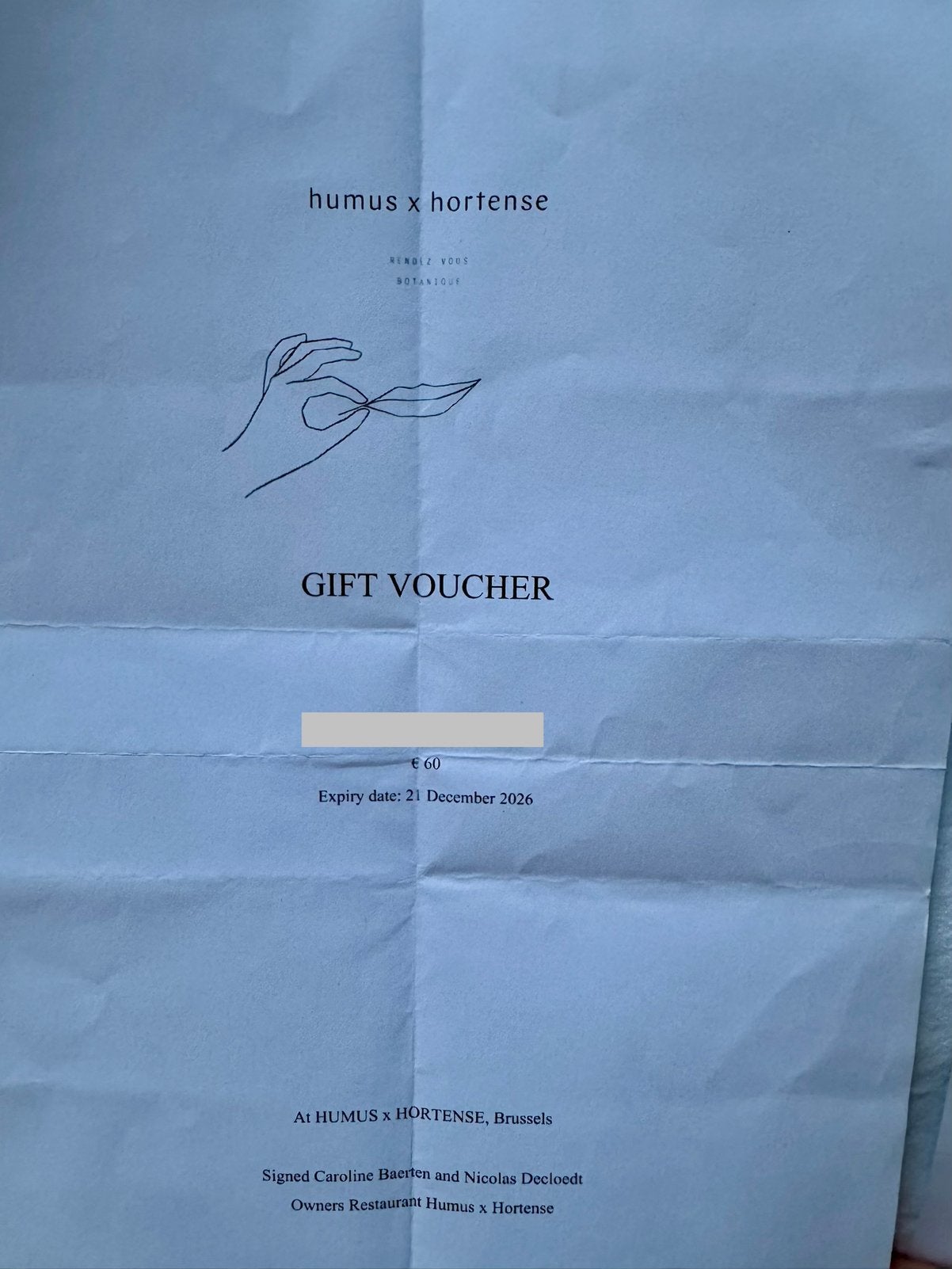 Cadeaubon Humus x Hortense (Michelin) t.w.v. €60, Cadeaubon, Overige typen