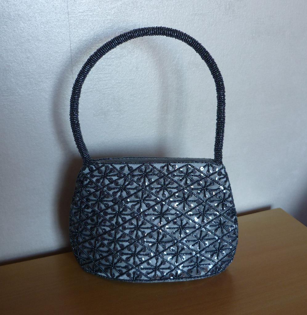 Blauw-zilveren stevige handtas met parels en pailletten, Ophalen of Verzenden, Blauw, Handtas