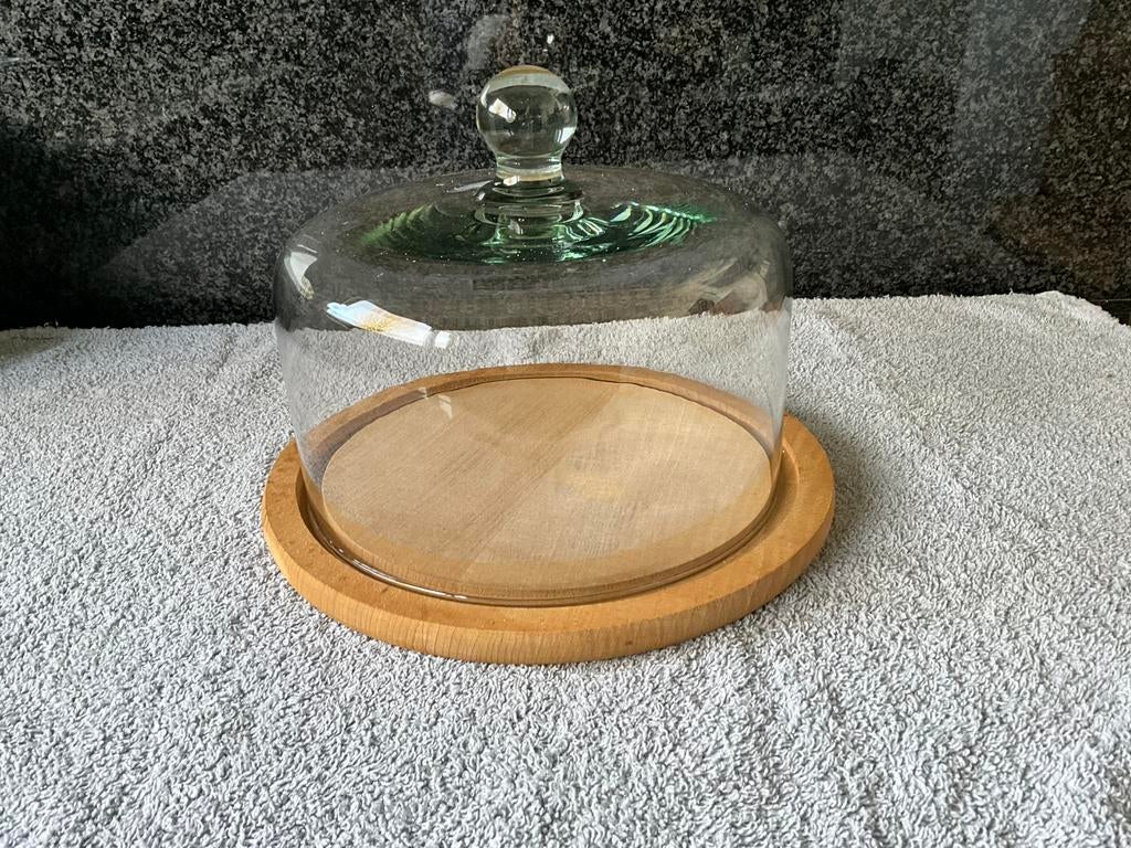 Glazen vintage kaasstolp met houten onderzetter ., Ophalen, Gebruikt, Glas, Overige typen
