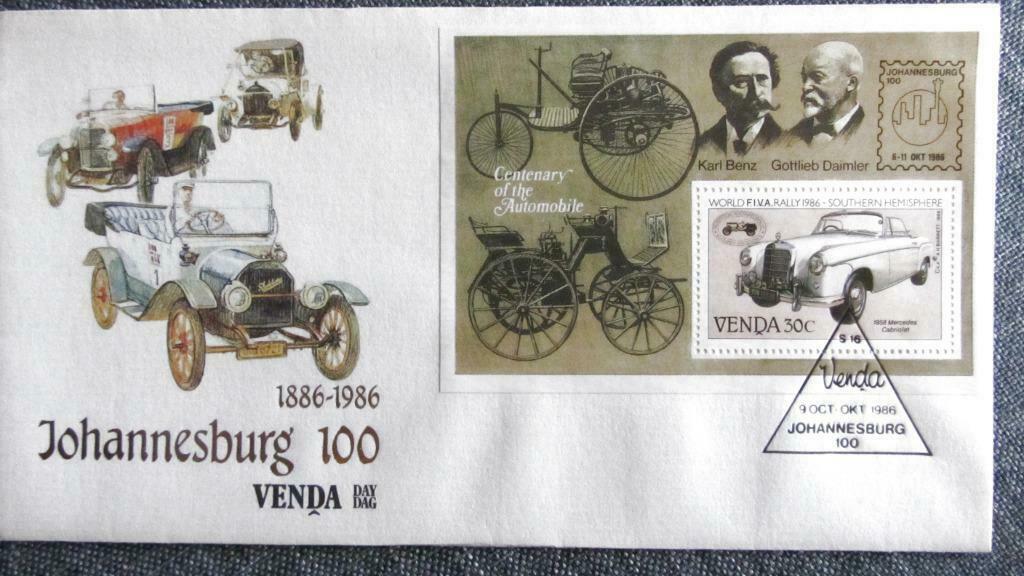 FDC-VERVOERMIDDELEN-TRAM-TREIN-AUTO-KOETS-FIETS-ZUID-AFRIKA, Ophalen of Verzenden, Gestempeld, Auto's