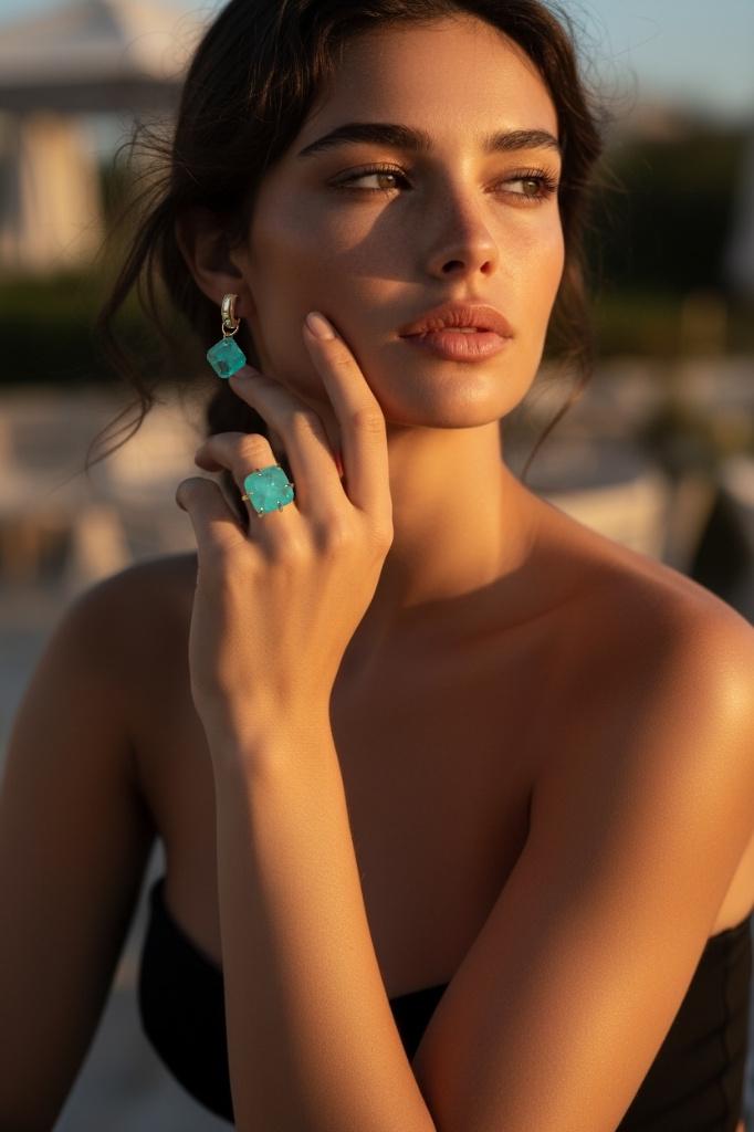parure boucles d'oreilles + bague paraiba plaqué or 14k, Neuf, Enlèvement ou Envoi, Avec cristal, Vert