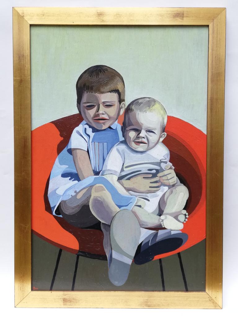 Lea Goovaerts - 2 kinderen op de stoel - schilderij, 60/70s, Ophalen of Verzenden