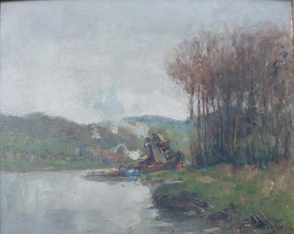 Georges Lambillotte (1915-1998): Rivierzicht (58 x 47 cm), Antiek en Kunst, Ophalen of Verzenden