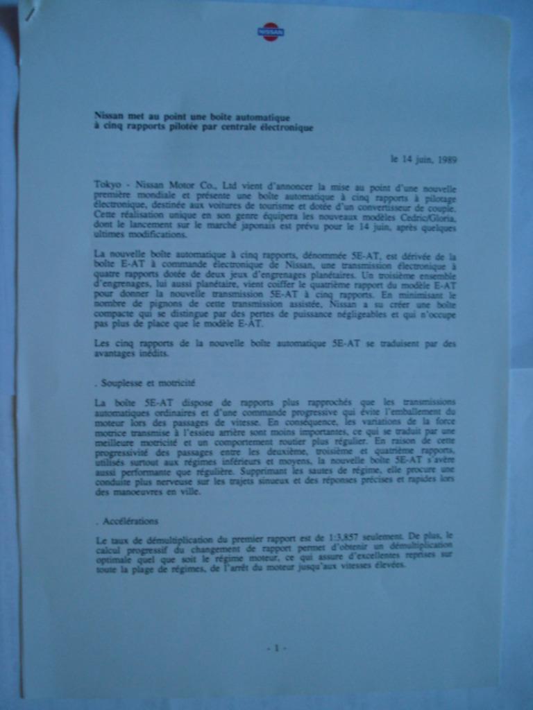 Nissan 5E-AT 1989 Press information infos de presse persinfo, Livres, Autos | Brochures & Magazines, Envoi, Comme neuf, Nissan