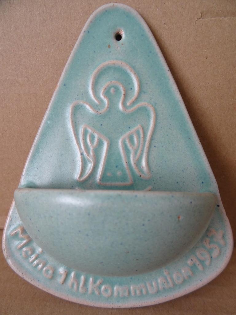 Aardewerk wijwaterbakje heilige communie Duits vintage 1957, Ophalen of Verzenden, Zo goed als nieuw, Overige typen, Christendom | Katholiek