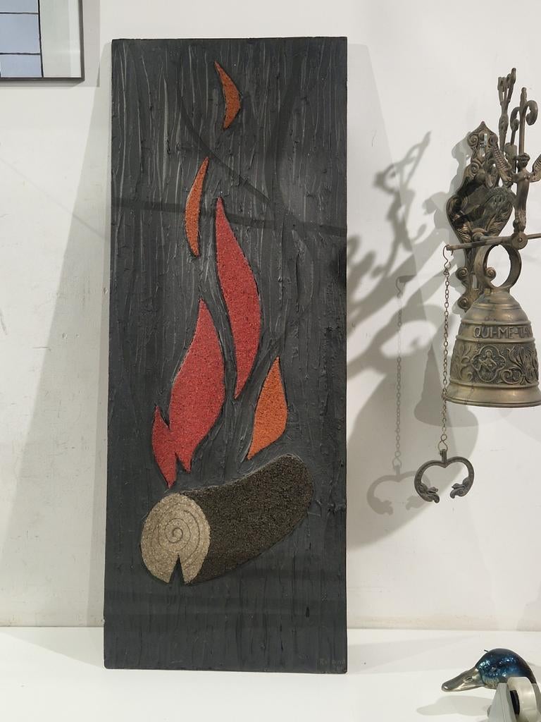 Groot wanddecoratie uit hout geschilderd haardvuur,  vuur 85, Ophalen of Verzenden