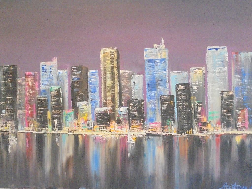 Peinture à l'huile Manhattan de nuit (60x80cm), Enlèvement ou Envoi