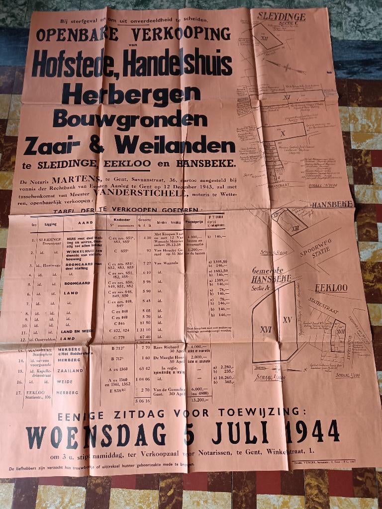 oude verkoopaffiche 1944 Eeklo sleidinge hansbeke, Ophalen of Verzenden