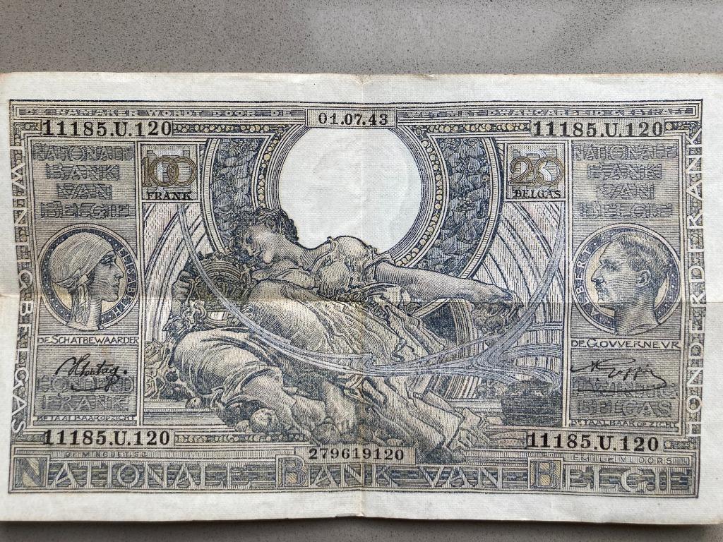 Bankbiljet 100BF uit 1943 (Emile Vloors), Postzegels en Munten, Bankbiljetten | België, Ophalen of Verzenden, Los biljet