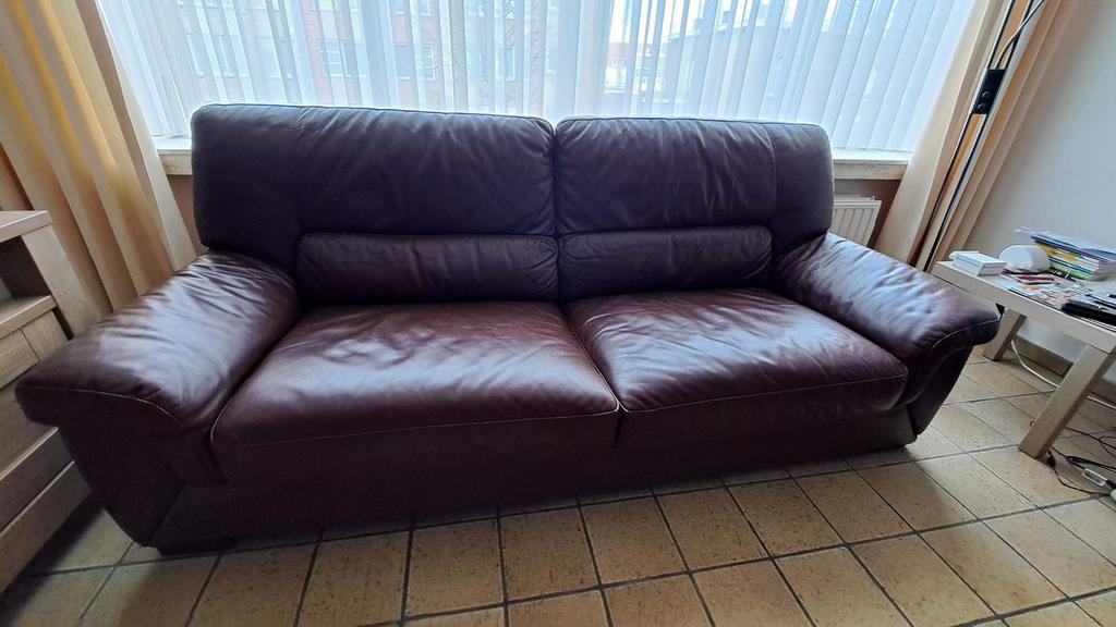 Lederen zetel - bordaeux, Ophalen, Gebruikt, Driepersoons, 75 tot 100 cm