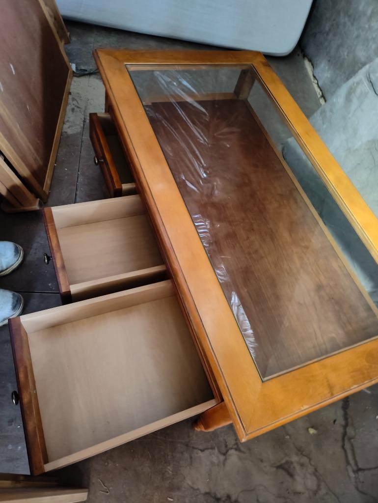 Salontafel Kersenhout met lades/glas, Huis en Inrichting, Tafels | Salontafels, Ophalen, Glas, Gebruikt, 100 tot 150 cm