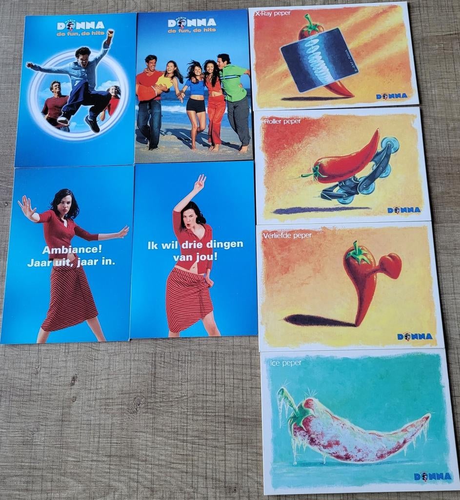 8 reclamekaarten/ postkaarten: Radio Donna, Ophalen of Verzenden, 1980 tot heden, Ongelopen, Muziek