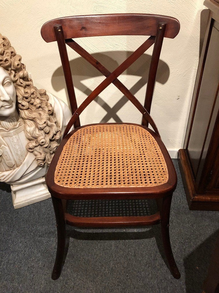 4 nieuwe stoelen flamant Crossed mahonie met rieten zitting, Ophalen, Hout, Nieuw, Landelijk