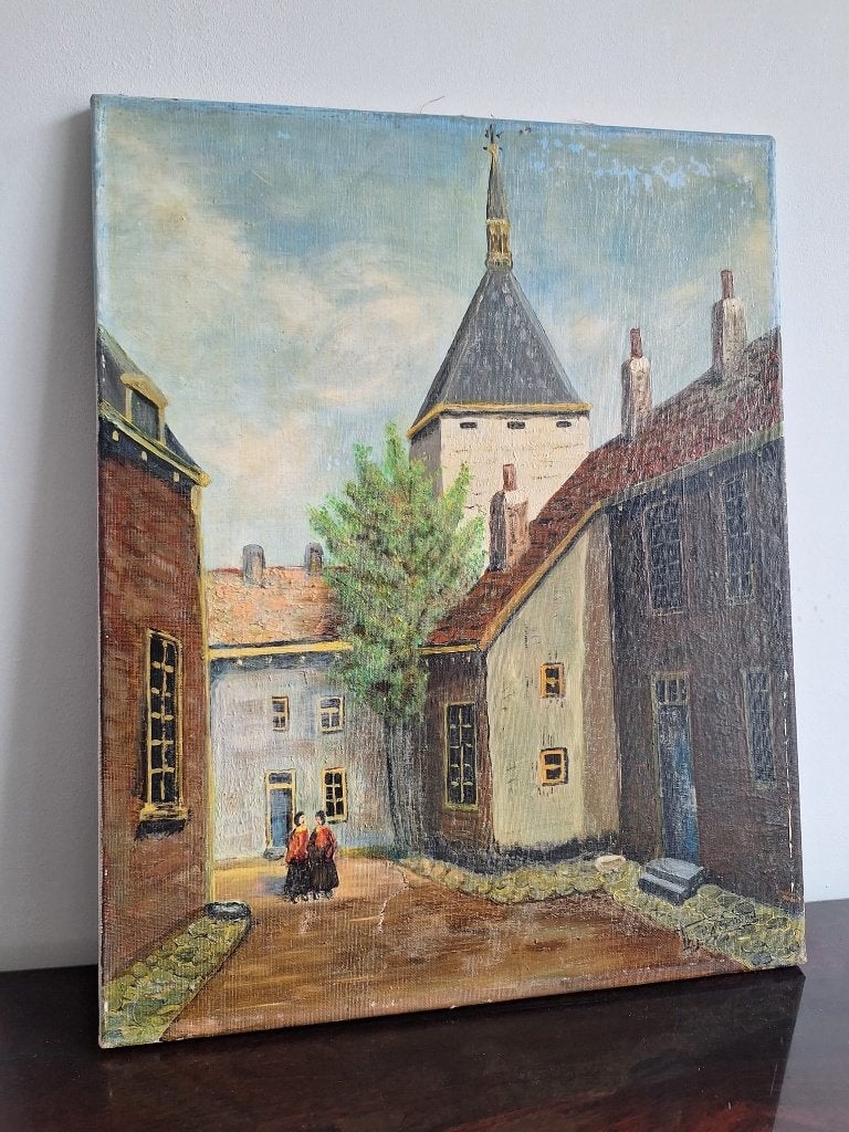 Oud Hollands Stadsgezicht Olieverf Schilderij, Antiek en Kunst, Kunst | Schilderijen | Klassiek, Doek, Oud hollands, Ophalen of Verzenden