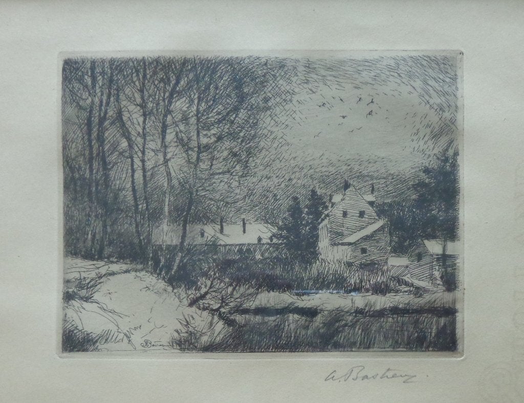 ALFRED BASTIEN / LE ROUGE-CLOITRE / ZW-W ETS / 26x34cm KADER, Enlèvement ou Envoi, Paysage, Eau-forte, Signé