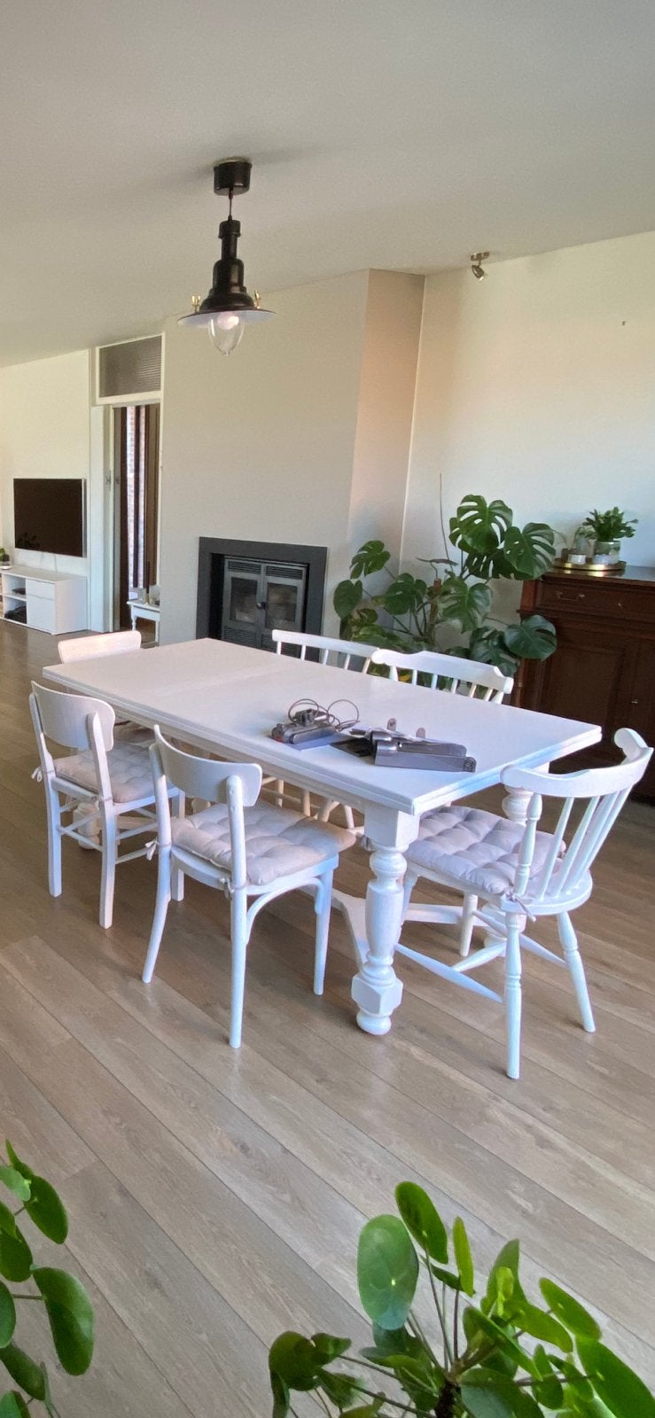 Witte houten eetkamertafel, verlengbaar, Huis en Inrichting, Ophalen, Gebruikt, 50 tot 100 cm, 150 tot 200 cm