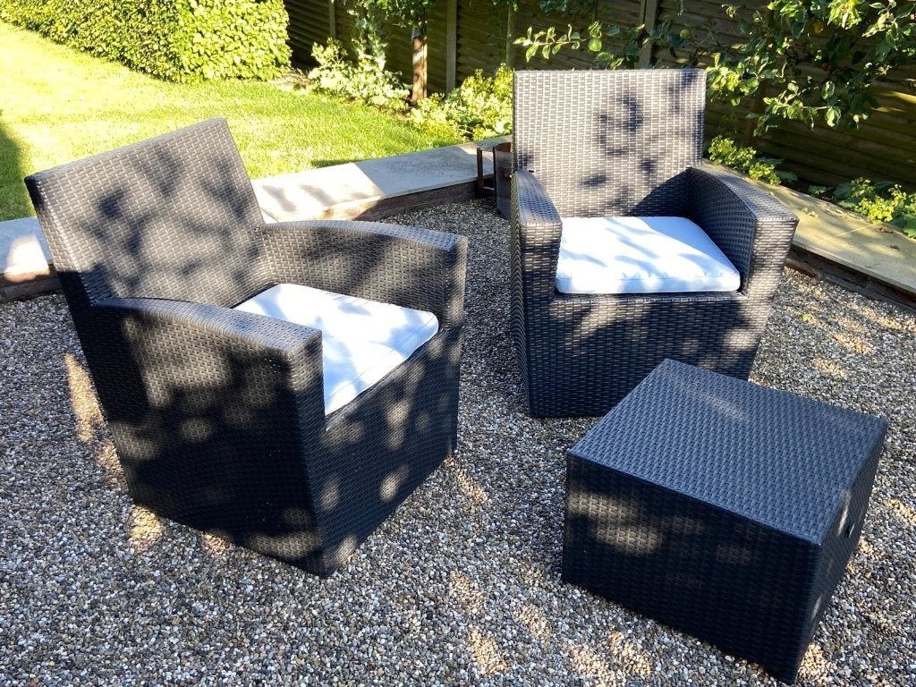 Ensemble de jardin lounge élégant en PVC tissé noir, Osier, Salons de jardin, Comme neuf, Enlèvement