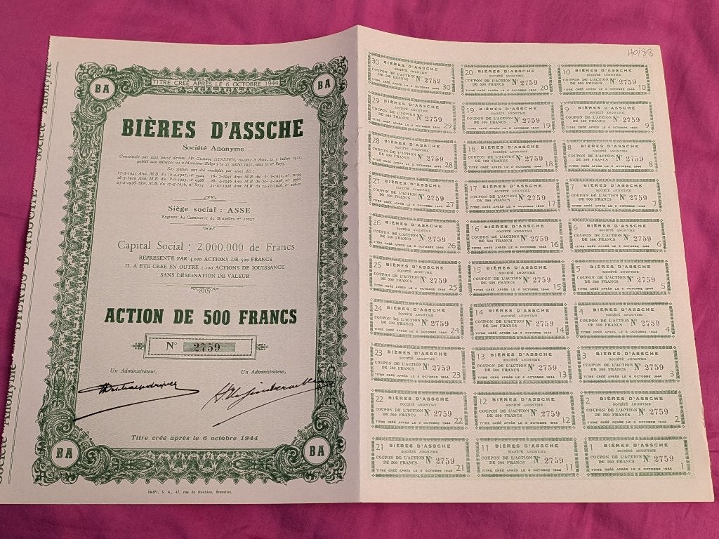 Antiquarisch aandeel Biere d'Assche, bier van Asse, 1946, Postzegels en Munten, Ophalen of Verzenden, 1920 tot 1950, Aandeel