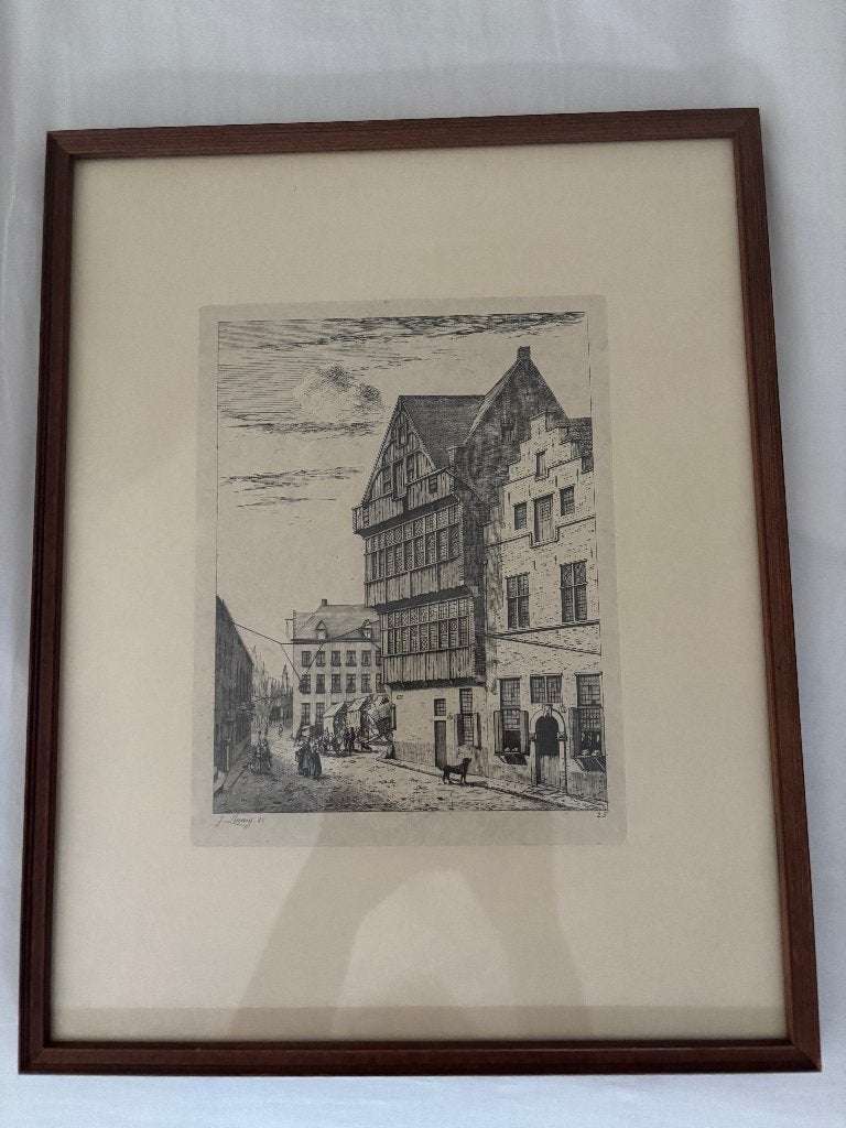 Oude Gravure van Jozef Linnig, Ophalen, Stadsgezicht, Ingelijst, Gravure