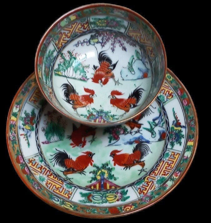 Assiette chinoise + bol avec coqs, Antiquités & Art, Enlèvement ou Envoi