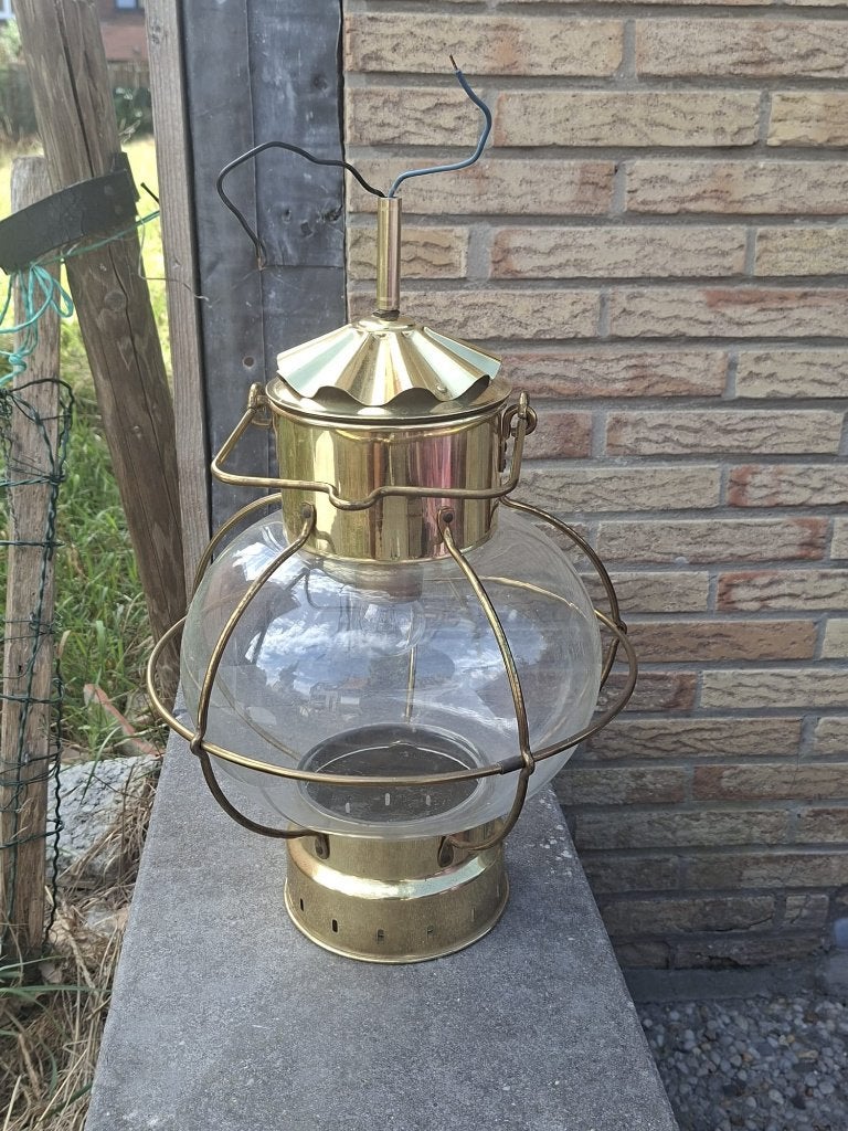 DHR nautische hanglamp messing, Gebruikt, E14 (klein), Ophalen of Verzenden, Glas