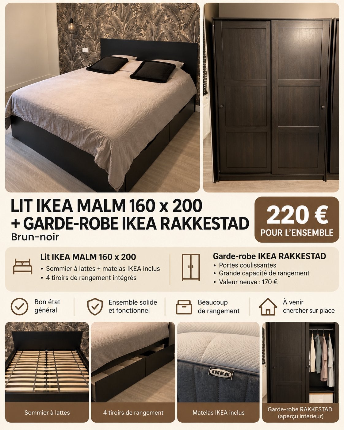 Ensemble IKEA MALM 160x200 + garde-robe RAKKESTAD, Maison & Meubles, Enlèvement, Comme neuf