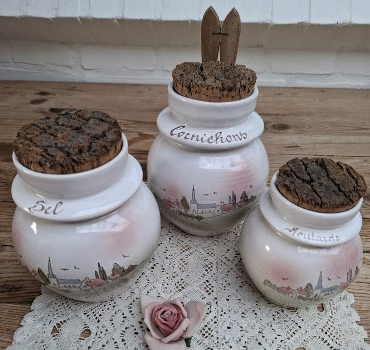 3 Vintage Franse voorraadpotten, Cornichons, Sel en Moutarde, Antiquités & Art, Enlèvement ou Envoi