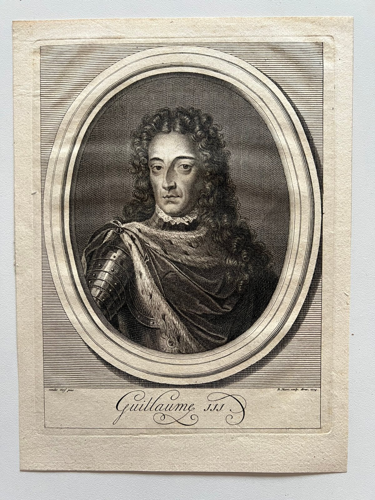18e-eeuwse kopergravure Willem III – Bernard Picart (1724), Ophalen, Portret, Gravure, 1700 - 1799