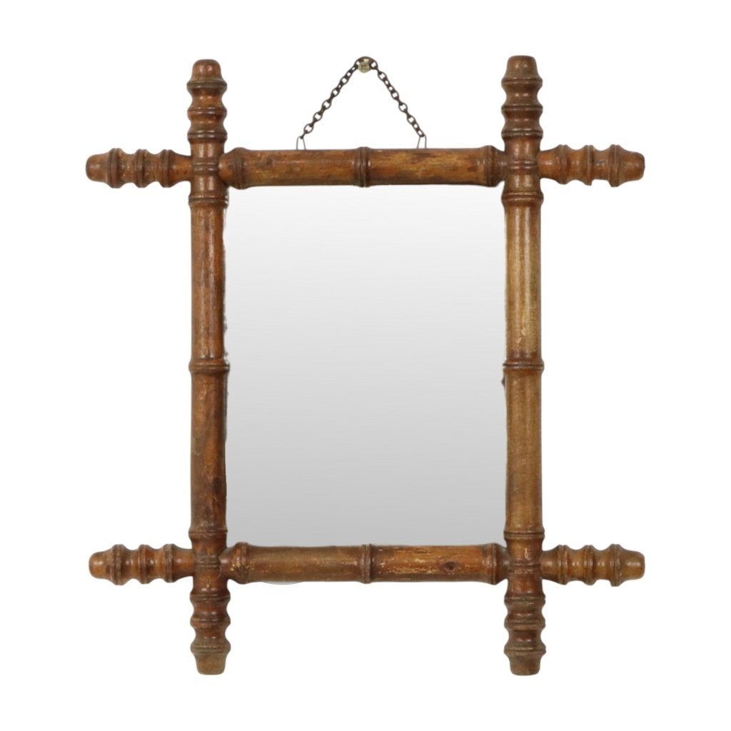Antieke Houten Spiegel Faux Bamboe Chinoiserie 44x39cm, Antiek en Kunst, Ophalen of Verzenden, Rechthoekig, Minder dan 50 cm, Minder dan 100 cm