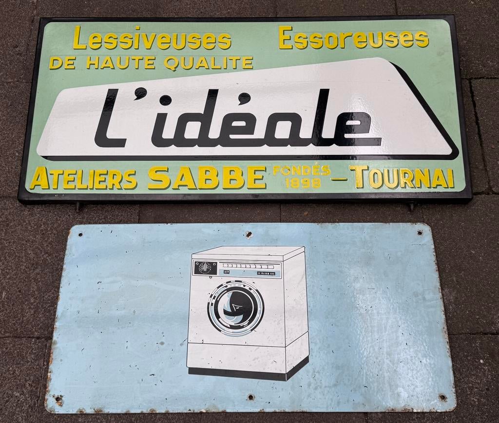 2x Oud antiek emaille reclamebord wasmachines Doornik Belgie, Enlèvement, Utilisé, Panneau publicitaire