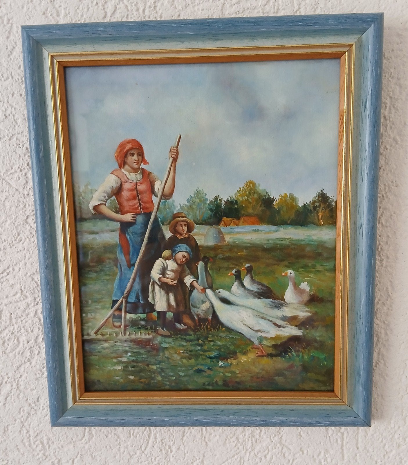 Schilderij ' kinderen voeren ganzen', Antiek en Kunst, Ophalen of Verzenden