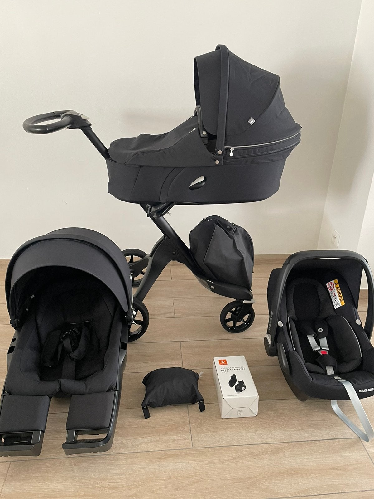 Ensemble complet de poussette 3 en 1 Stokke Xplory noire, Ba, Comme neuf, Enlèvement, Protection de pluie