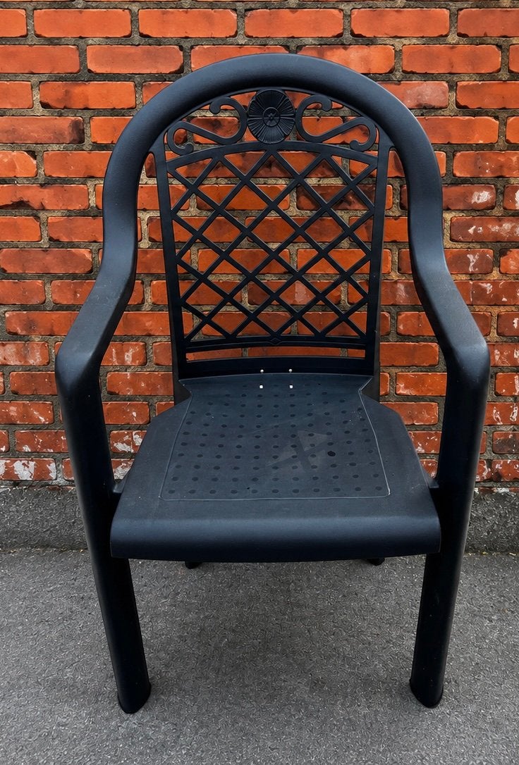 Set van 4 zwarte stapelbare tuinstoelen met armleuningen, Ophalen, Zo goed als nieuw, Kunststof, Stapelbaar