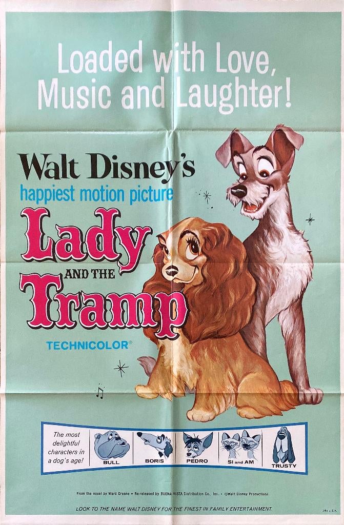 Originele Amerikaanse poster „Lady and the Tramp”, Rechthoekig Staand, Deurposter of groter, Ophalen of Verzenden, Zo goed als nieuw