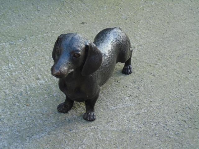 Een bronzen hond, de TECKEL, van natuurlijke grootte, Ophalen of Verzenden, Nieuw, Overige materialen, Dierenbeeld