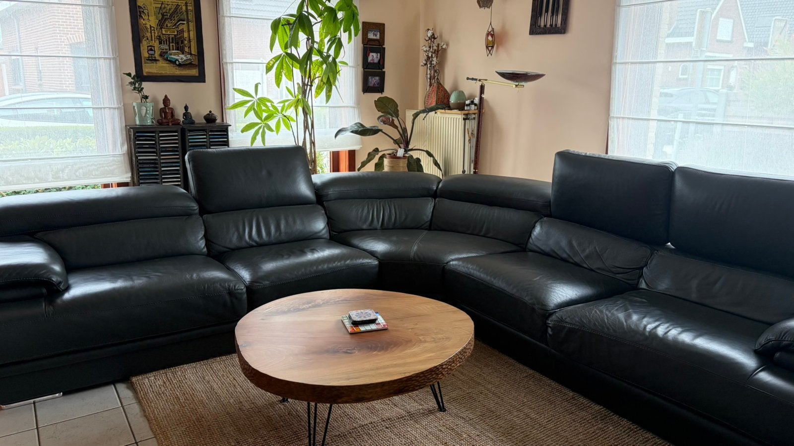 Lederen hoeksalon Maxdivani kleur bruin grijs, Huis en Inrichting, Ophalen, Gebruikt, Leer, Modern