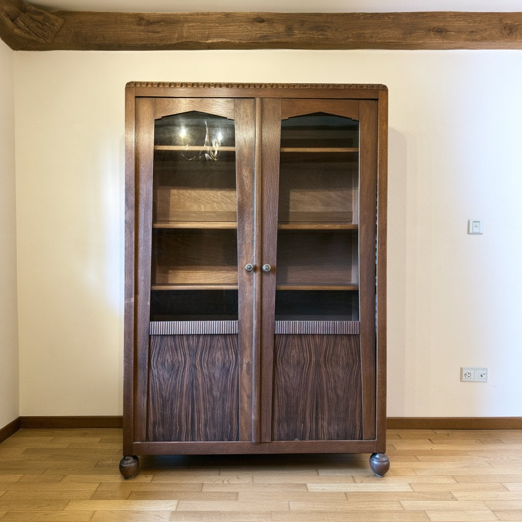 Bibliothèque vitrine Art Déco chêne sculpté 2 portes, Maison & Meubles, 25 à 50 cm, Avec porte(s), Art deco, 100 à 150 cm