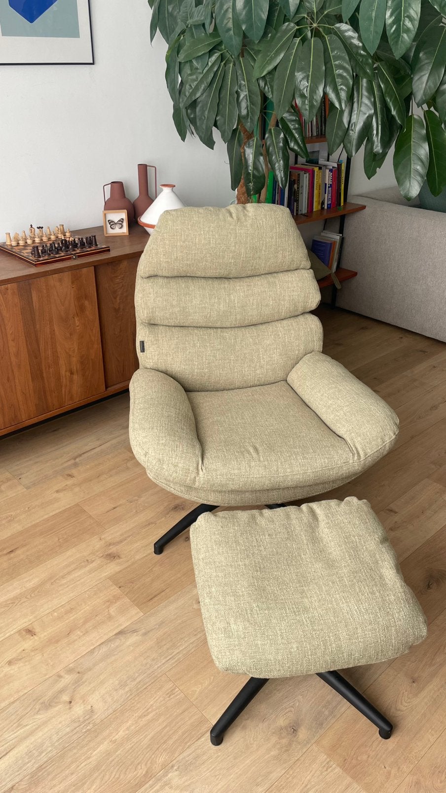 Draaifauteuil met hocker Palma linnen olijfgroen, Enlèvement, Comme neuf