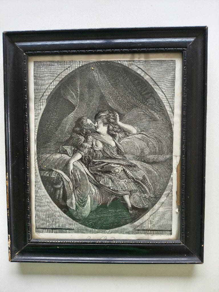 Gravure originale de Rocco du XVIIIe siècle « Le Boudoir », Encadré, Gravure, Enlèvement, Vie quotidienne