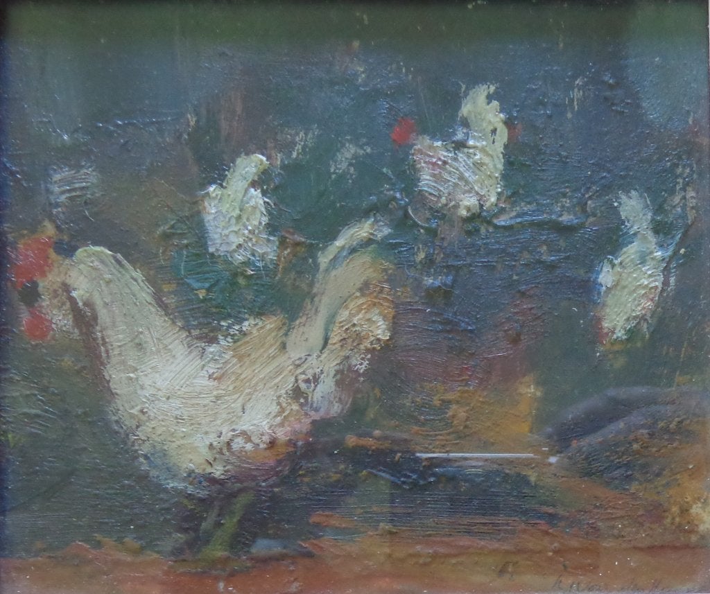 KAREL JAN VAN DEN HEUVEL / KIPPENERF OLIEVERF KARTON 20x23cm, Antiek en Kunst, Kunst | Schilderijen | Klassiek, Olieverf, Gesigneerd