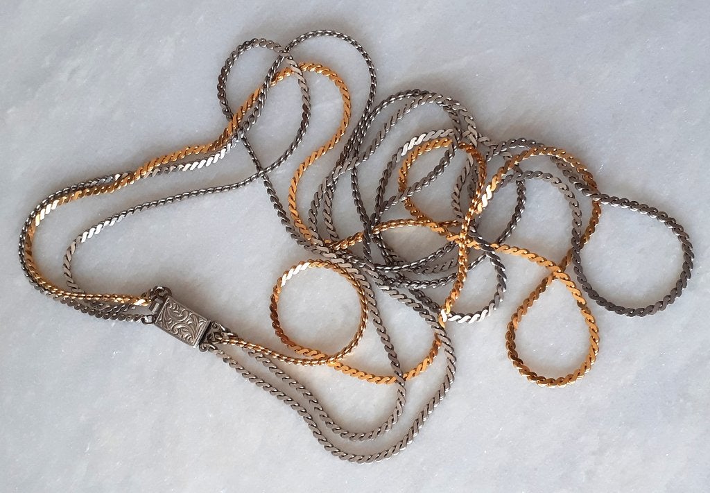 Halsketting vintage zilver en goud laagjes gourmet '80, Bijoux, Sacs & Beauté, Colliers, Enlèvement ou Envoi, Neuf, Or, Autres matériaux