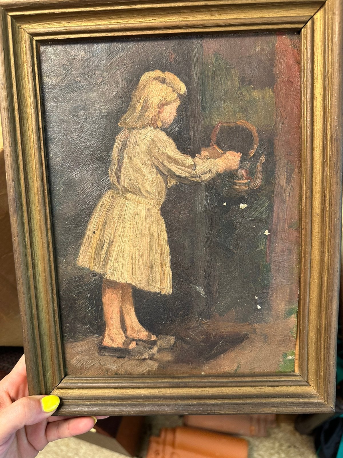 Peinture à l'huile vintage — enfant avec un cerceau, Antiquités & Art, Enlèvement ou Envoi, Vintage, Encadré