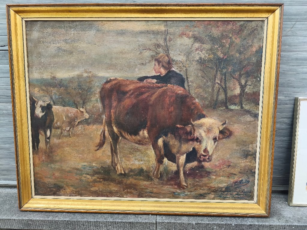 huile sur toile vaches signe, Antiquités & Art, Enlèvement, Toile