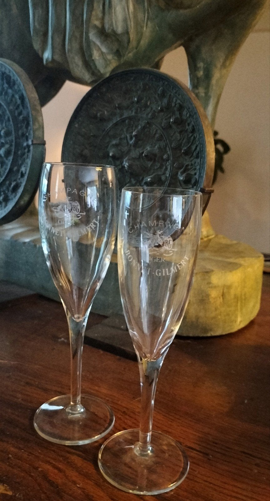 2 Champagneglazen Bonnet-Gilmert 18 cm en 19 cm, Ophalen of Verzenden